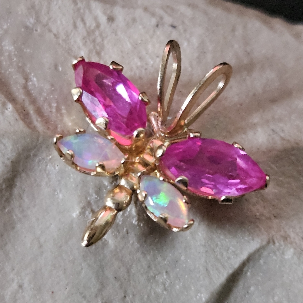 10K Pink Sapphire and Opal Dragonfly Pendant - Picture 2 of 4